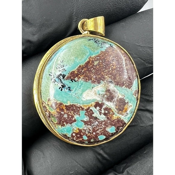 Natural Persian Turquoise Pendant Metal Brass Handmade With Rope - Picture 9 of 12